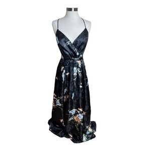 Baltic Born Maxi Dress Womens Large Black Floral Front Slit Crisscross Back